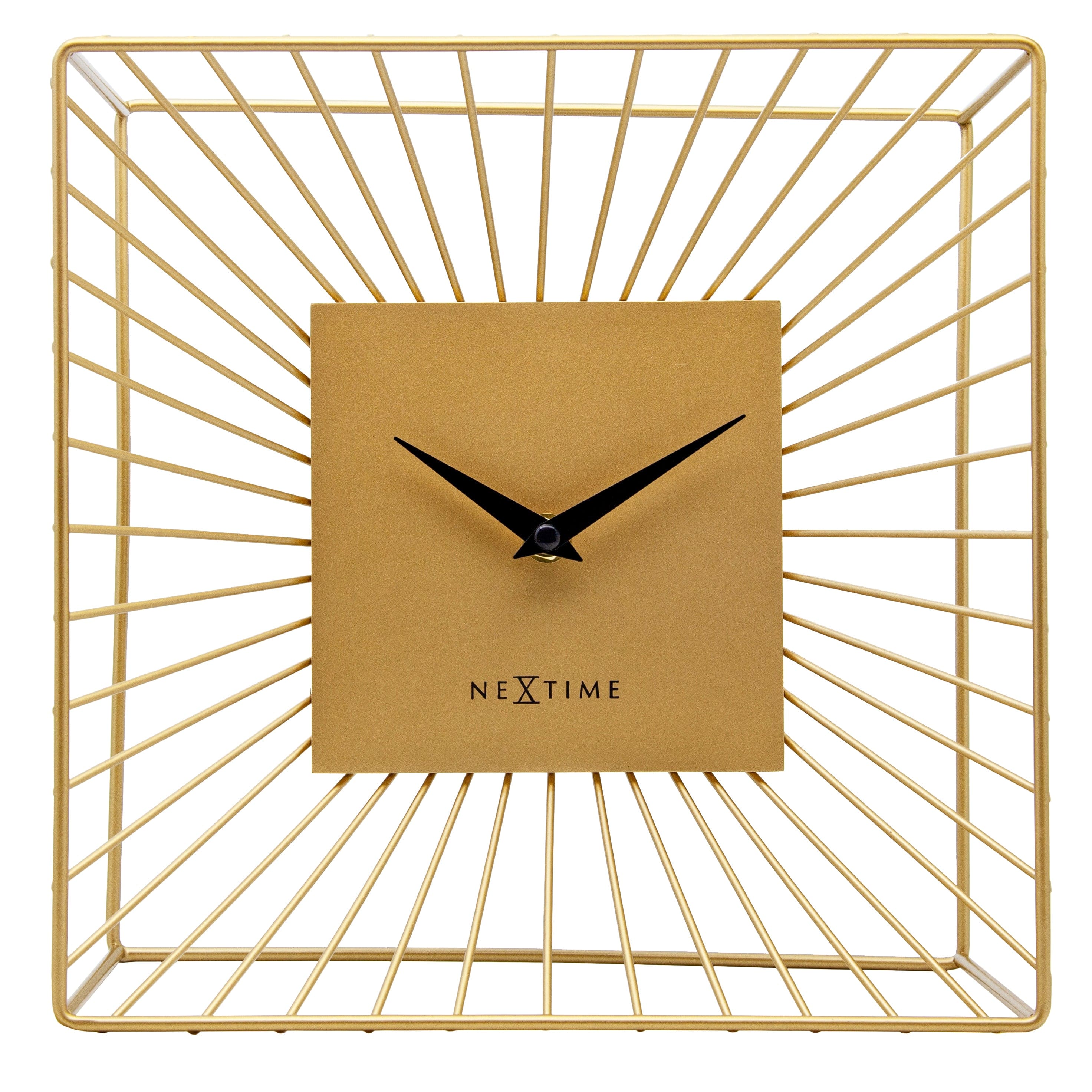 NeXtime Vasco gold metal table or wall clock, 25x25x12cm, silent operation with modern design and sleek gold finish.